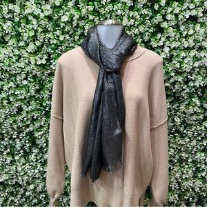 Liz Claiborne black silver grey metallic scarf fringed ends lightweight dressy